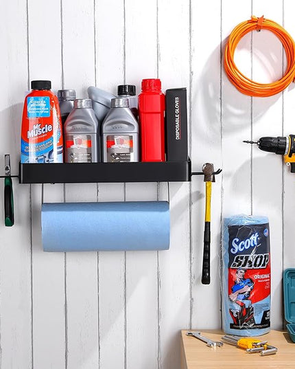 YIGII Garage Paper Towel Holder with Shelf - Wall Mount Papertowel Holder with 4 Hooks, Single-Hand Tear Paper Towel Rack Heavy Duty Tissue Holder for Clean Station, Craft Room, Workbench (Black)