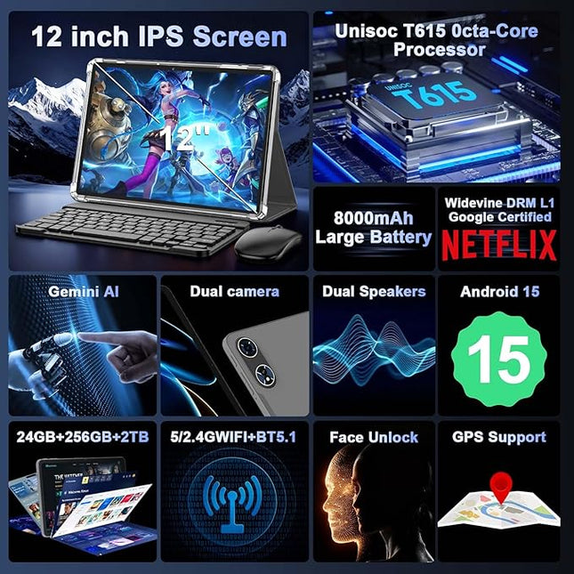 2025 12 Inch Tablet, Android 15 Tablets with Keyboard, 24GB+256GB+2TB Expand, 2K Display, Tablet PC with 5G WiFi, Octa-Core, 8000mAh, BT5.0, GMS, GPS, 2 in 1 Tablets with Case, Mouse, Stylus(Silver)