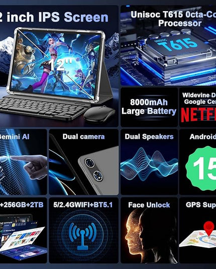 2025 12 Inch Tablet, Android 15 Tablets with Keyboard, 24GB+256GB+2TB Expand, 2K Display, Tablet PC with 5G WiFi, Octa-Core, 8000mAh, BT5.0, GMS, GPS, 2 in 1 Tablets with Case, Mouse, Stylus(Pink)