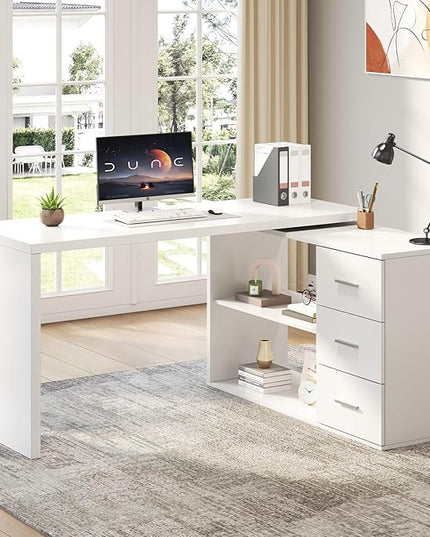 HSH White L Shaped Desk with Drawers Shelves, 360 Rotating L Shape Computer Desk with Storage Cabinet, Corner Home Office Desk Computer Table，55 Inch