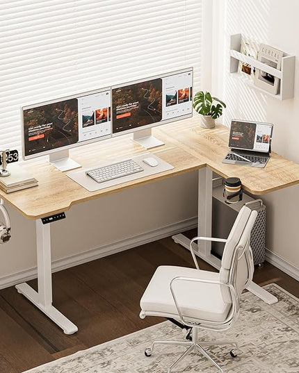 71" Reversible L-Shaped Electric Standing Desk Adjustable Height Gaming Stand Up Corner Desk Sit Stand Home Office Computer Desk with Splice Board, Basswood