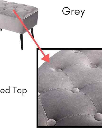 BIRDROCK HOME Tufted Rectangle Grey Ottoman – Velvet Foot Stool – Mid Century Modern Steel Legs - Soft Compact Padded Stool - Living Room or Bedroom – Vanity Chair - Decorative Furniture