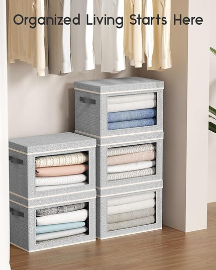 Collapsible Storage Bins with Lids - Stackable Storage Containers with Window, 3 Pack Fabric Bins for Closet, Home & Office Organization Baskets, Light Gray, 14.9" x 9.8" x 9.8"