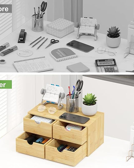 Bamboo Desk Organizer with Drawers - Small Desktop Countertop Mini Tabletop Storage Container - No Assembly Required