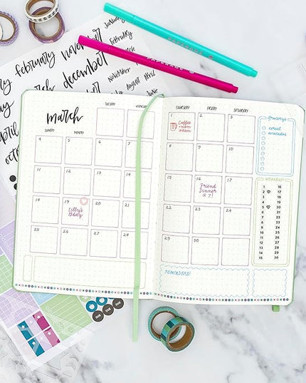 PAPERAGE Bullet Style Journal Kit, Dotted Journaling Set & Stationary Kit, Hardcover Dotted Journal Notebook (Blush), 12 Fineliner Pens, 8 Sticker & 4 Stencil Sheets, 6 Washi Tapes