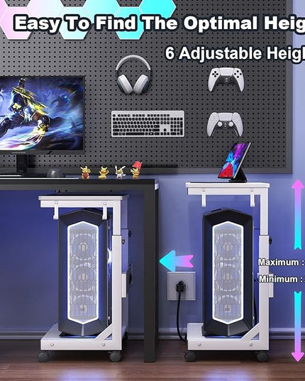 Height Adjustable Computer Tower Stand with Charge Station and USB Charging Port, 2-Tier ATX-Case Cart, Under Desk Mobile PC Stand, CPU Holder Cart with Locking Caster Wheels for Fits Most PC