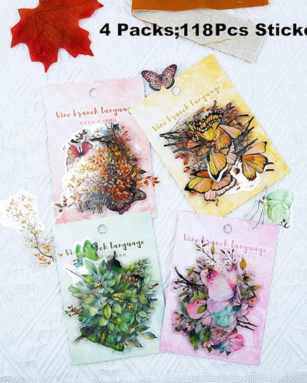 AuriicLeaf Butterfly and Branch PET Sticker Set, 118PCS Botanical Stickers for Scrapbooking, Journaling, DIY Crafts, and Planner Supplies