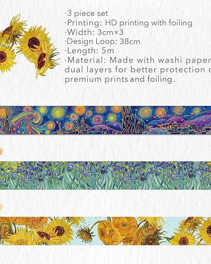 WT Van Gogh Washi Tape Set, Original Design, 3 Rolls, Gold Foil, 30mm Wide Decorative Masking Tape, Bujo Planner Supplies, DIY Art Crafts Paper Tape, Adhesive Wrapping Tape, Journals Gifts