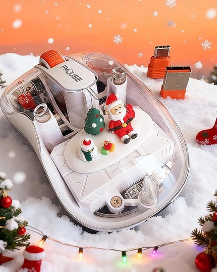 White Transparent Wireless Mouse with Cute Santa Doll, Dual Receivers (USB & Type-C), Tri-Mode Bluetooth+2.4GHz, Rechargeable Silent Portable Mice for MacBook/Laptops/PC/Office/Home