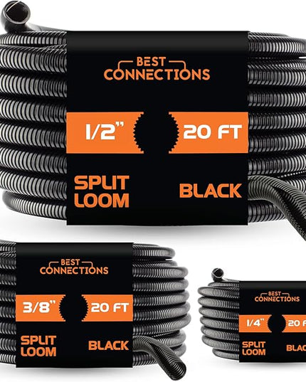 BEST CONNECTIONS Split Wire Loom Flex-Guard Convoluted Tubing Protective Split Cable Sleeves for Auto Home Industrial Electrical Wires Chemical Resistant Conduit Black (1/4", 3/8", 1/2" - 20ft ea)