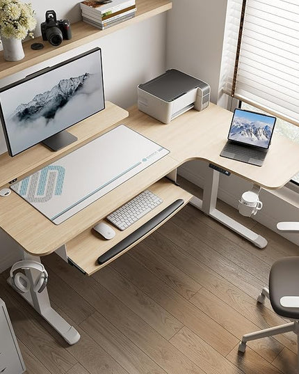 EUREKA ERGONOMIC Standing Desk Adjustable Height 61" Electric Sit Stand Computer Desk L Shaped with Keyboard Tray,Monitor Stand &LED, Dual Motor Memory Presets Sit to Desk Adjustable Desk, Right/Maple