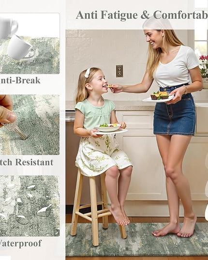 Collive Anti Fatigue Kitchen Mats, Grey/Green Abstract Kitchen Rugs Sets of 2 Non Slip Waterproof Standing Mat, Cushioned Comfort Desk Rug for Home Office, Sink, Laundry, 17"x29"+17"x47"