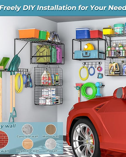 Garage Shelf Wall Mounted with Wire baskets, Heavy Duty Garage Wall Shelving with Garden Tool Rack and Hooks, Wire Shelf Baskets Tool Organizer for Home Garden Yard Organization and Storage