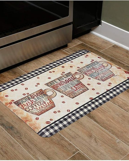 J&V TEXTILES Anti Fatigue Cushioned Comfort Mat, Ergonomically Durable, Supportive, Padded, Thick and Washable, Stain-Resistant, Kitchen, Garage, Office Standing Desk Mats (Coffee Words)