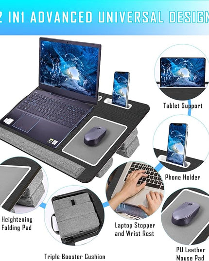 QUDODO Lap Desk - Large Bed Desk,17In Foldable Laptop Bed Tray Table with Adjustable Dual Cushion Wrist Rest & Mouse Pad,Portable Wood Laptop Stand for Bed Sofa,Multifunctional Slot for Tablet & Phone