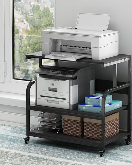 32.3" x 18.9" Extra Large Printer Stand Table with Adjustable Storage Shelf, 3 Tier Rolling Printer Cart with Industrial Wheels for Home Office, Black