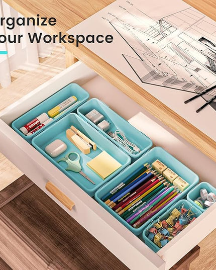 A-LuGei 【𝟮𝟴𝗣𝗖𝗦】 【𝟱𝗦𝗶𝘇𝗲】 BlueGreen Drawer Organizer, Makeup organizer, 【Holds 177 Items】 Bathroom Organizers and Storage, Plastic Desk Organizer Divider, Organizer Bins for Office Vanity