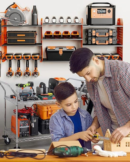 Power Tool Organizer with Charging Station Wall Mount, 3 Layer Expanded Heavy Duty Garage Organization, 45.5 Inch Length Garage Tool Storage, 8 Drills, 2 Assemble Method, Orange