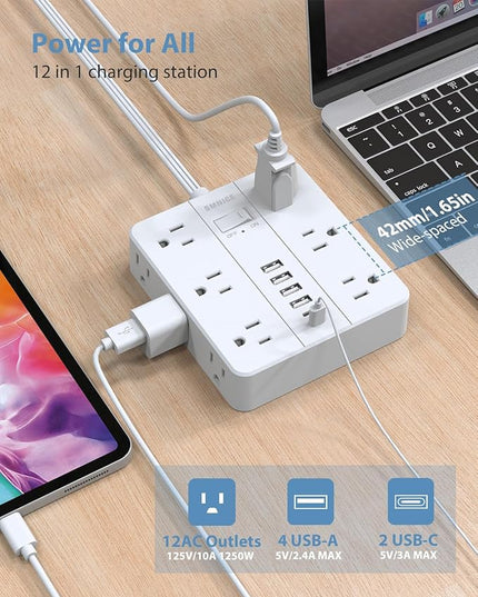Power Strip Surge Protector 10ft Extension Cord,SMNICE Flat Plug with 12 Outlets 6 USB(2 USB C),Surge Protector Charging Station with Overload Protection for Home, Dorm,Office
