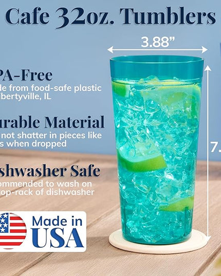 US Acrylic Café Plastic Reusable Tumblers (Set of 12) 32-ounce Iced-Tea Cups, Coastal | Value Set of Restaurant Style Drinking Glasses, Stackable, BPA-free, Made in the USA | Top-rack Dishwasher Safe