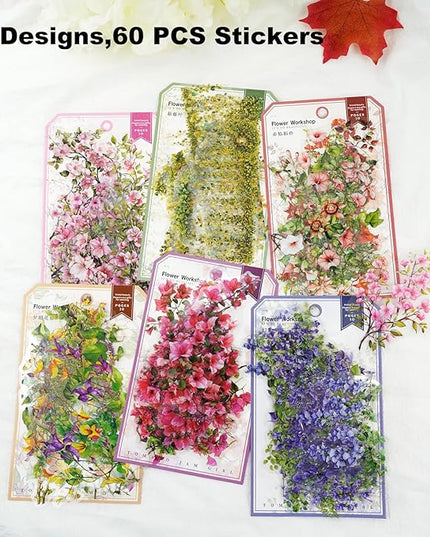 AuriicLeaf Floral Vine PET Stickers – 60PCS Vintage Botanical Design, Waterproof & Pre-Cut, Large Size for Journals, Junk Journals, Scrapbooking, and Craft