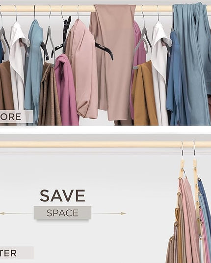 MORALVE Pants Hangers Space Saving - European Beechwood Scarf and Jean Hangers - Closet Organizer and Space Saver Pant Rack, Leggings Hanger, and Scarf Holder with 360° Swivel Hook (1 Pack)