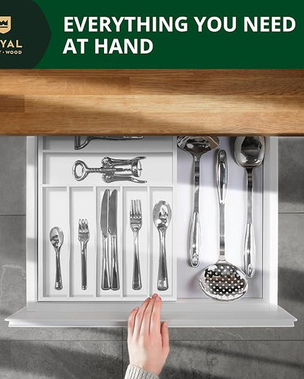 ROYAL CRAFT WOOD Luxury Bamboo Kitchen Drawer Organizer - Silverware Organizer - Utensil Holder and Cutlery Tray with Grooved Drawer Dividers for Flatware and Kitchen Utensils (7 Slot, White)
