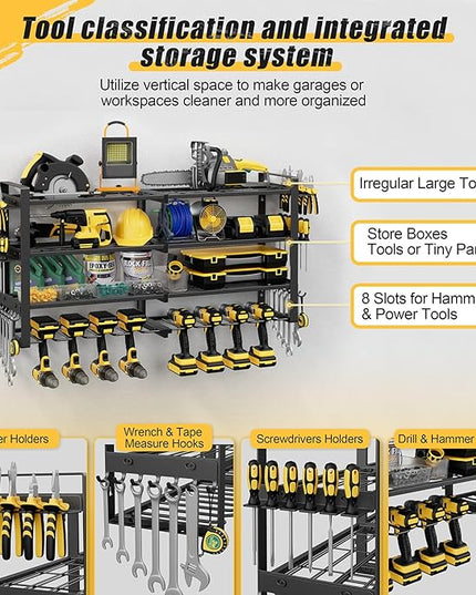 Power Tool Organizer Wall Mount, 4-Tier Tool Storage Rack with 8 Drill Holders, 400LBS Load Heavy Duty Cordless Tool Shelf for Garage Organization, Gift for Men