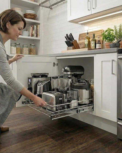 HOLDN’ STORAGE Pull Out Cabinet Organizer, Heavy Duty Caddy w/Lifetime Limited Warranty -22”W x 21”D - Requires At Least 23-1/4” Cabinet Opening, Steel Metal Cabinet Drawers Slide Out, Chrome