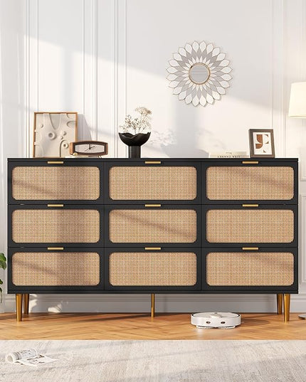 Garvee Rattan Dresser with 9 Drawers, Tall Modern Closet with Deep Storage, Large Chest of Drawers with Wide Top, Long Wooden Dresser for Bedroom, Living Room, Hallway, Kids Room, Black