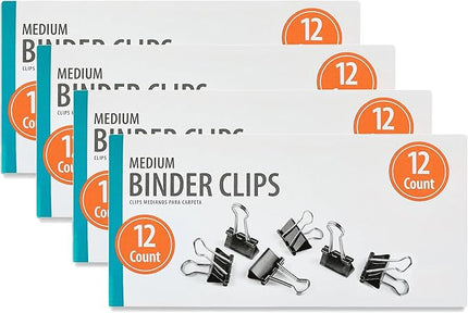 (4 Pack) Medium Metal Binder Clips, Black, 12 Count