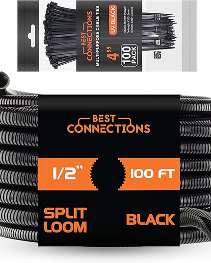 BEST CONNECTIONS 100 Ft – 1/2" Diameter Split Wire Loom Flex-Guard Convoluted Tubing with 100 Pcs 4" Nylon Cable Zip Ties Protective Split Cable Sleeves for Automotive Home Electrical Wires Black