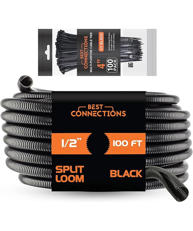 BEST CONNECTIONS 100 Ft – 1/2" Diameter Split Wire Loom Flex-Guard Convoluted Tubing with 100 Pcs 4" Nylon Cable Zip Ties Protective Split Cable Sleeves for Automotive Home Electrical Wires Black
