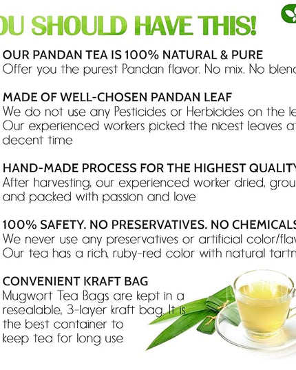 FreshDrinkUS, Premium 55 Pandan Leaf Tea Bags, 100% Natural & Pure from Pandan Leaves. Loose Leaf Pandan Herbal Tea. Made with Natural Material Tea Bags. No Sugar, No Caffeine, No Gluten, Vegan.