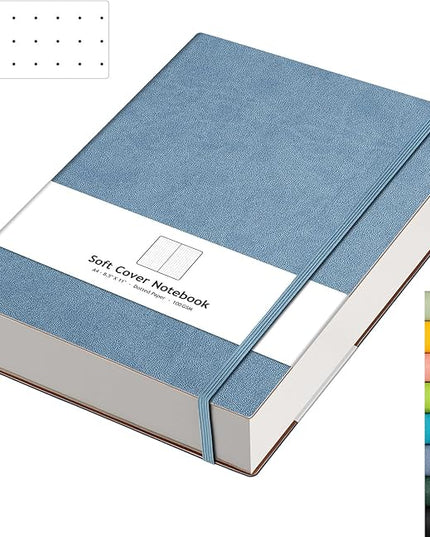 AHGXG Bullet Dotted Journal - Large A4 Notebook Dotted, 8.5''×11'', 320 Pages Dot Grid Notebook, 100gsm Thick Paper, Leather Softcover, with Journal Stencils, Inner Pocket - GrayBlue