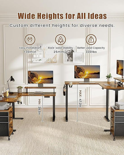 Electric L Shaped Standing Desk with File Cabinet, 59" x 59" Corner Computer Desk with Drawers, Dual Motor Stand Up Desk with Storage, FLYCITY Home Office Standing Desk Adjustable Height, Rustic Brown