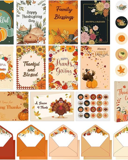 40 Pack Thanksgiving Cards with Envelopes, 4 x 6 in Bulk Thanksgiving Cards with Stickers, 10 Designs Thanks & Blessings Greeting Card Boxed for Fall Autumn Holiday Parties Celebrate the Harvest