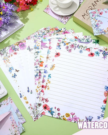 TaoBary 160 Pcs Stationery Paper Set 50 Double Sided Stationery Papers with 50 Matching Envelopes and 60 Round Dot Sticker, 10 Design(Wildflower,8.5 x 11 Inch)