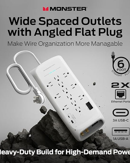 Monster Power Surge Protector w/ 4050 Joule Rating — Heavy Duty 6 FT Surge Protector Power Strip w/ 12 Outlets, 2 USB, 2 Coax, 2 Ethernet Ports — Fireproof MOV, Dual Mode, Clean Tech (White)