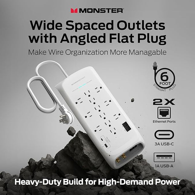Monster Power Surge Protector w/ 4050 Joule Rating — Heavy Duty 6 FT Surge Protector Power Strip w/ 12 Outlets, 2 USB, 2 Coax, 2 Ethernet Ports — Fireproof MOV, Dual Mode, Clean Tech (White)