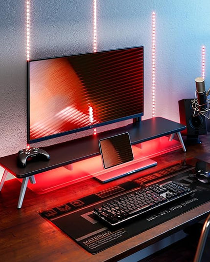Fenge Dual Monitor Stand, 2 Tiers Acrylic Monitor Riser with LED Lights, 42.5 Inch Wood and Aluminum Desk Shelf with Phone and Tablet Holder