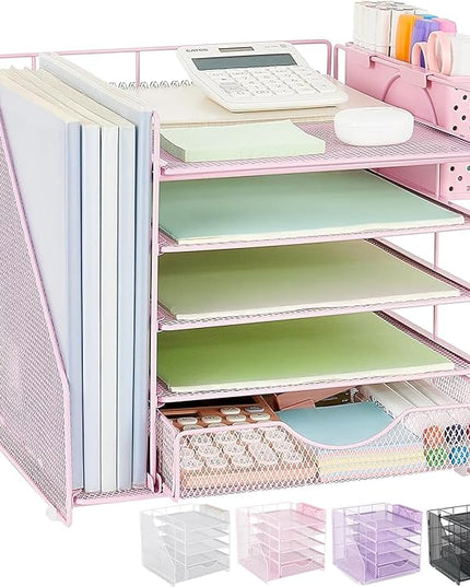 OUTIOE Desk Organizer with Drawer and Pen Holder, 5-Tier Paper Letter Tray Organizer with File Holder, Suitable for Workspace Organizer Office Supplies Storage (Pink)