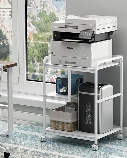 Large Printer Stand Table with Storage Shelf for Host Computer, PC Tower, CPU and Shredder, 3 Tier Rolling Printer Cart with Wheels for Home Office Storage and Organization - White