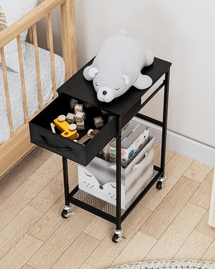 CADUKE 2 Tier PC Stand - Black Computer Tower Stand with Fabric Drawer, Modern Printer Stand with Wheels, Under Desk for Office & Study Room