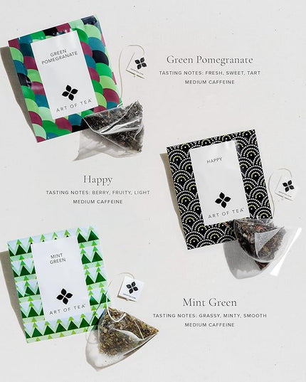 Art of Tea | Assorted Tea Sampler | 12 Count Sampler Box | Breakfast Tea, Earl Grey Creme, Egyptian Chamomile (Non-Caffeinated), French Lemon Ginger (Non-Caffeinated), Green Pomegranate, Mint Green, Tali's Masala Chai, Happy Tea, and White Coconut Creme