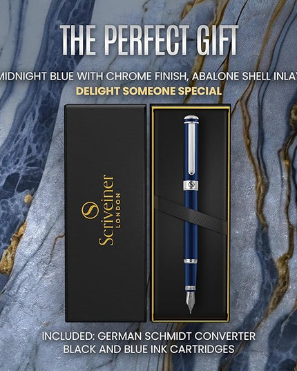 Scriveiner Midnight Blue Fountain Pen - Stunning Luxury Pen with Chrome Appointments, Schmidt Nib (Medium), Best Pen Gift Set for Men & Women, Professional, Executive, Office, Nice Pens