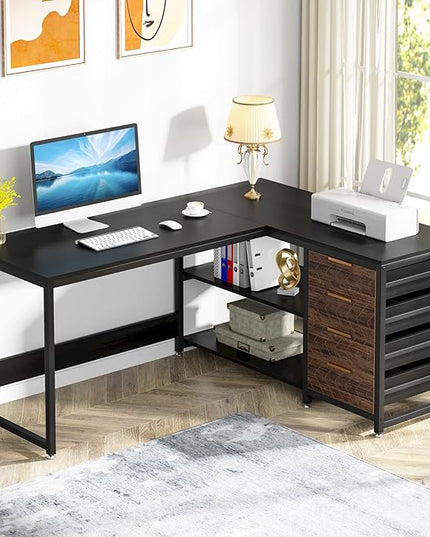 Tribesigns L Shaped Computer Desk with Storage Drawers, 59 inch Corner Desk with Shelves, Reversible L-Shaped Office Desk Study Writing Table Workstation for Home Office, Black