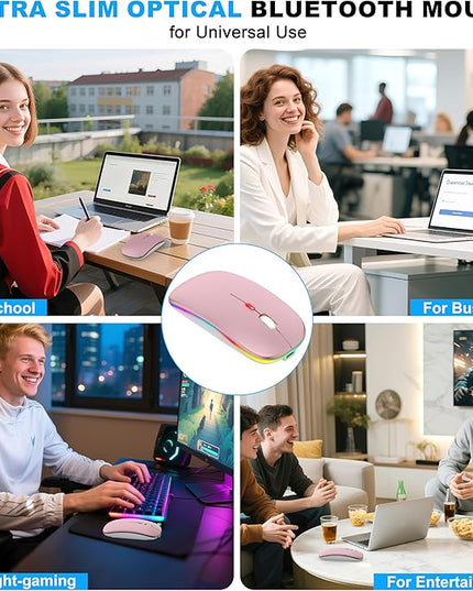 LED Bluetooth Wireless Mouse for MacBook Air Mac Pro Laptop iPad –Rechargeable Silent Light-Up Optical Mouse with Jiggler Dual Mode BT5.2 & USB-A/USB-C for Students, Kids, Girls, Boys – Rose Gold