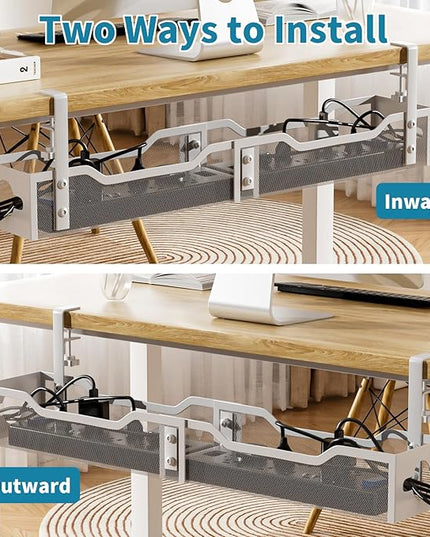 Under Desk Cable Management Tray White, Litwaro Cable Management Under Desk No Drill, 25'' Cable Tray with Clamp for Wire Management, Cord Organizer for Office, Home - No Damage to Table