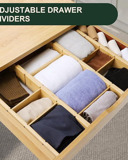Utoplike 4 PCS Bamboo Kitchen Drawer Dividers with Inserts(Fits 15"-17.7" Drawer Inner Size), Adjustable Drawer Organizers for Socks, Spring Loaded, for Bedroom, Dresser, Bathroom